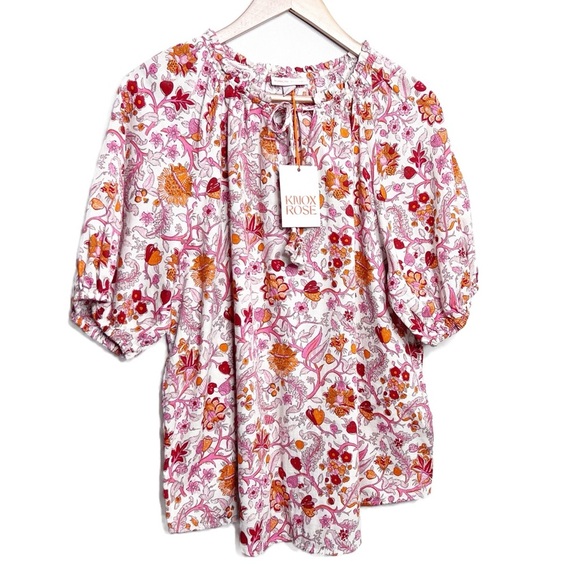 New with Tag Knox Rose Women's Floral Rich Magenta Orange Oversized Boho Blouse - Picture 2 of 16